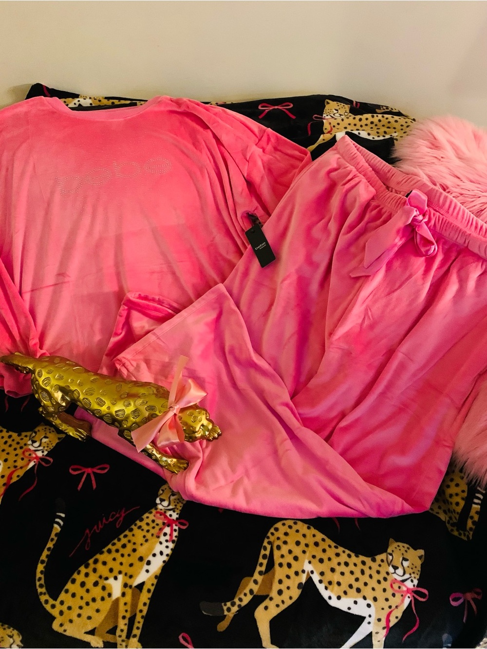 Bebe Velour Loungewear Rhinestone Matching Set - Cozy SZ L Aurora Pink